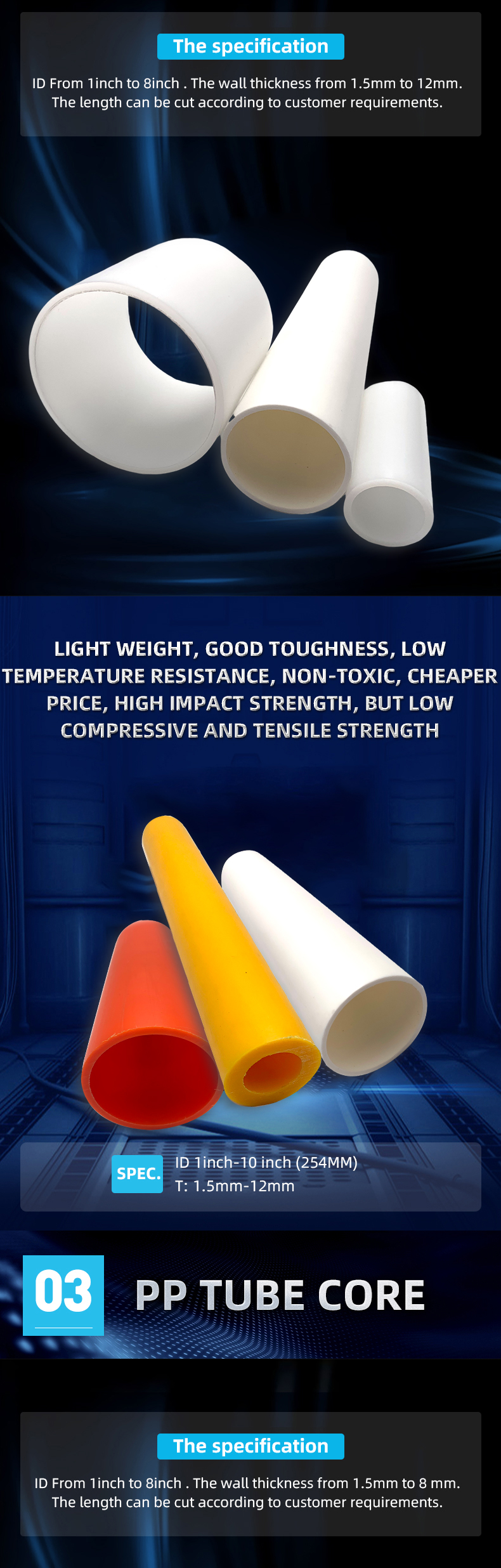 أنبوب أساسي من البلاستيك PE مقاس 3 بوصة 3 Inch PE Plastic Core Tube