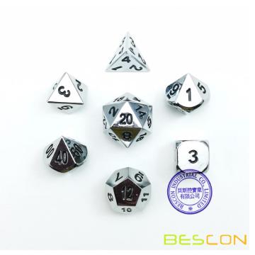 Bescon Super Shiny Gloss Silver Metal 7pcs Polyhedral Dice Set, Chrome Metal RPG Game Dice 7pcs Set