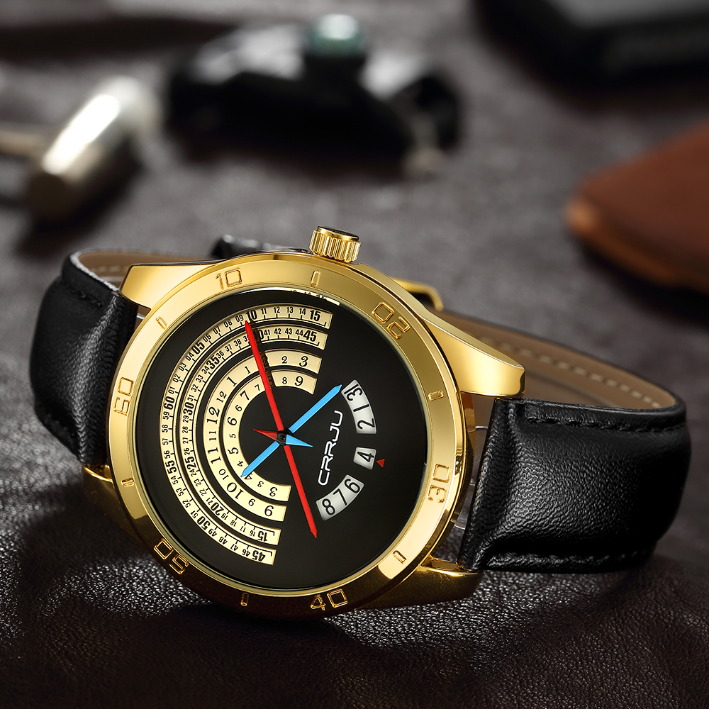CRRJU Watch Men luxury Sports leather Funny Binary calendar Clock Japan Movement Waterproof Wrist Watch