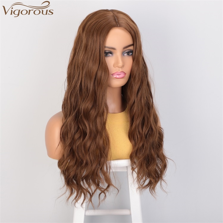 Vigorous 24 Inches Wholesale High Temperature Long Wavy Brown Wig Middle Part Synthetic Silky Wigs For Black Women