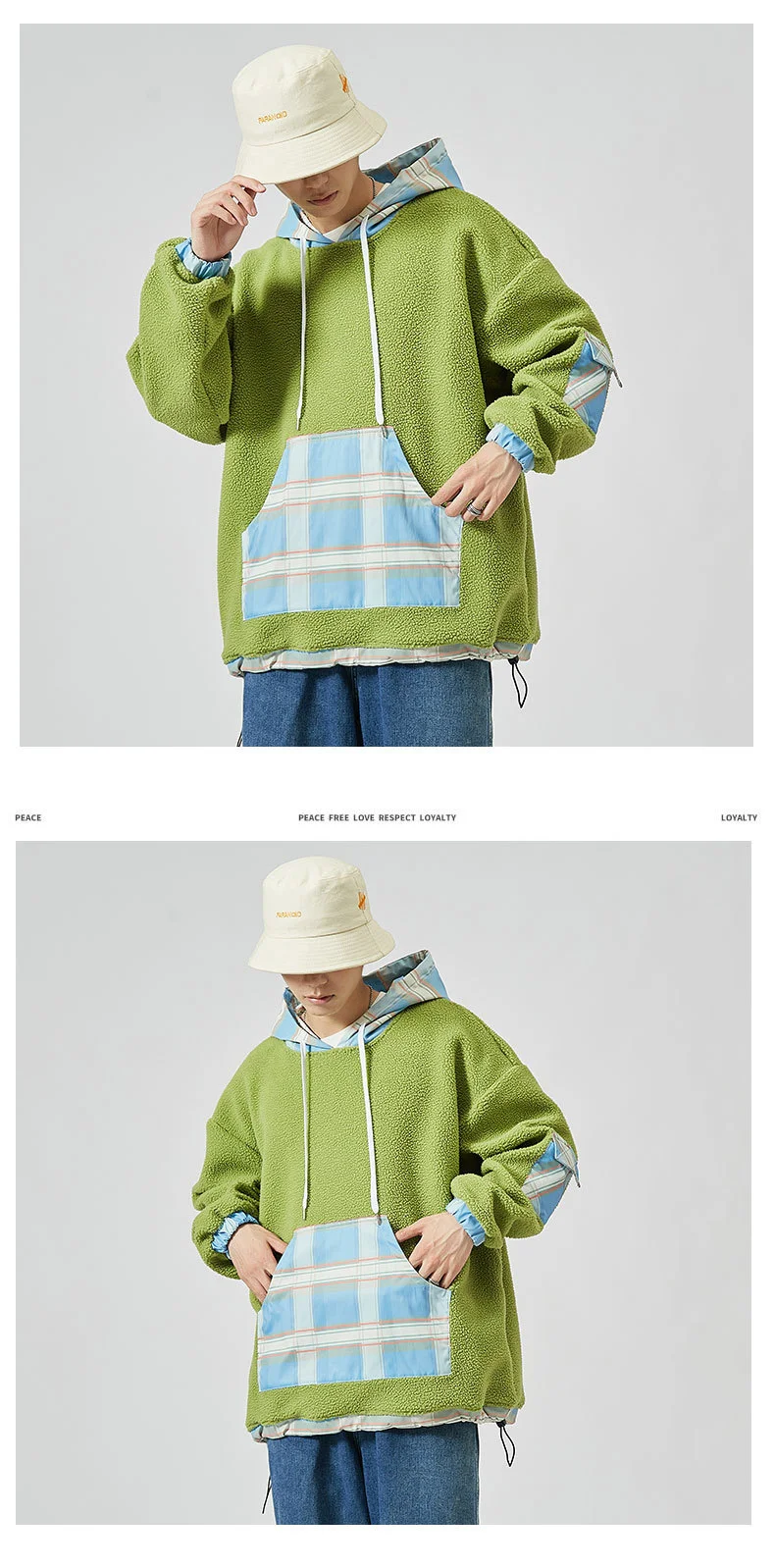Loose Youth Warm Lamb Wool Casual Stitching Hoodie