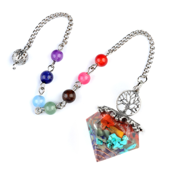 7 Chakra Chip Stone Resin Silver Diamonds Pendant & Pendulum 7 Chakra Chain