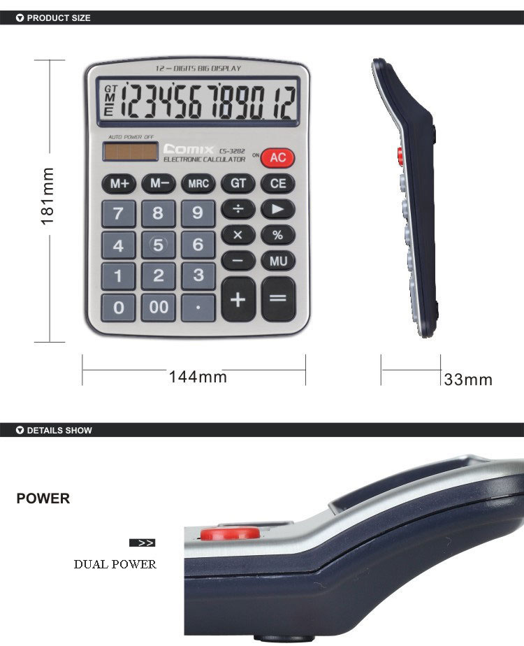 The portable multifunction solar power 12 digits electronic calculator with Dual power