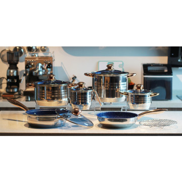 12 pieces blue transparent tampered lid cookware set