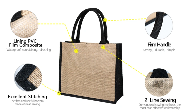 Wholesale Black Handle Reusable Bags Front Canvas Pocket Tote Jute Shopping Bag with Customized Logo