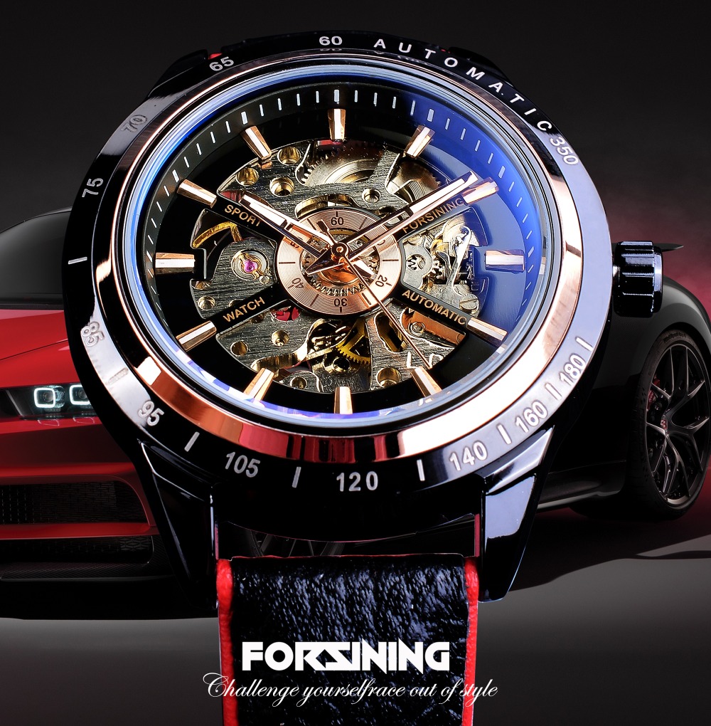 Top Brand Luxury Mens Forsining Motorcycle Design Transparent Genuine Strap Waterproof Skeleton Men Automatic Watches Clock