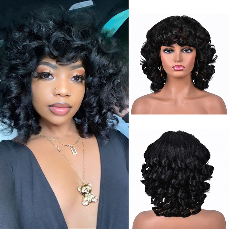 Wholesale Synthetic Hair Wigs short deep wave closer straight curly hair wavy bang wig synthetic wigs with bangs for black women