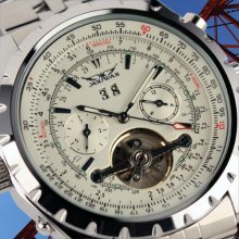 Jargar Men Gent White Tourbillon Date Aviator Mechanical Watch WM142
