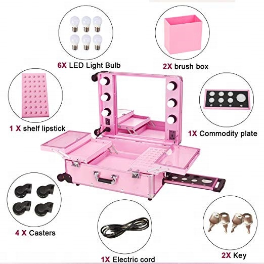 Professional Artist Makeup Case with Lights Aluminum Trolley Train Beauty Case with LED Mirror