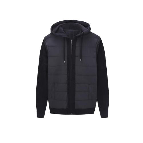 Men's Knitted Zip-through Woven Front Textured Knit Hoodie