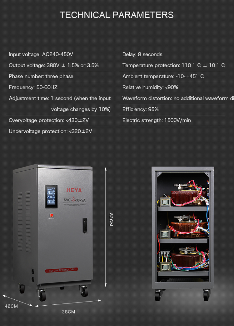 Three phase servo motor type industrial stabilizer 380v ac 30kva automatic voltage regulator avr