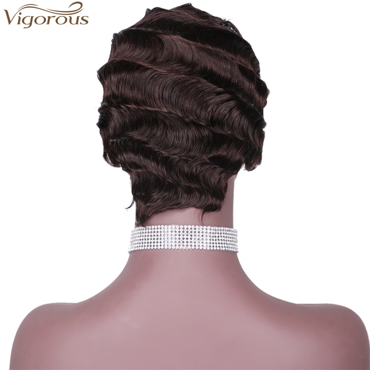 Vigorous Wholesale Price Top Quality Real Human Hair Finger Wave Wig Pixie Cut 4# Short Curly Wigs for African American Women