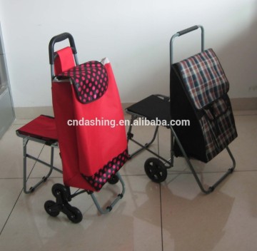 Steel hand trolley hot sale folding shopping trolley bag with chair