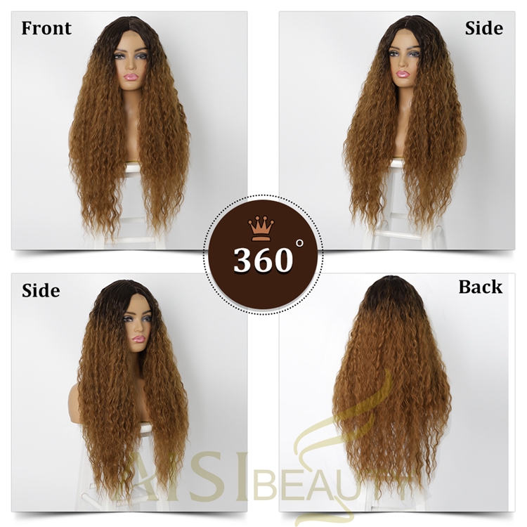 Good Quality Cheap Price Natural Hairline Swiss Lace Ombre Black Brown Long Fiber Kinky Curly Synthetic Hair Wigs