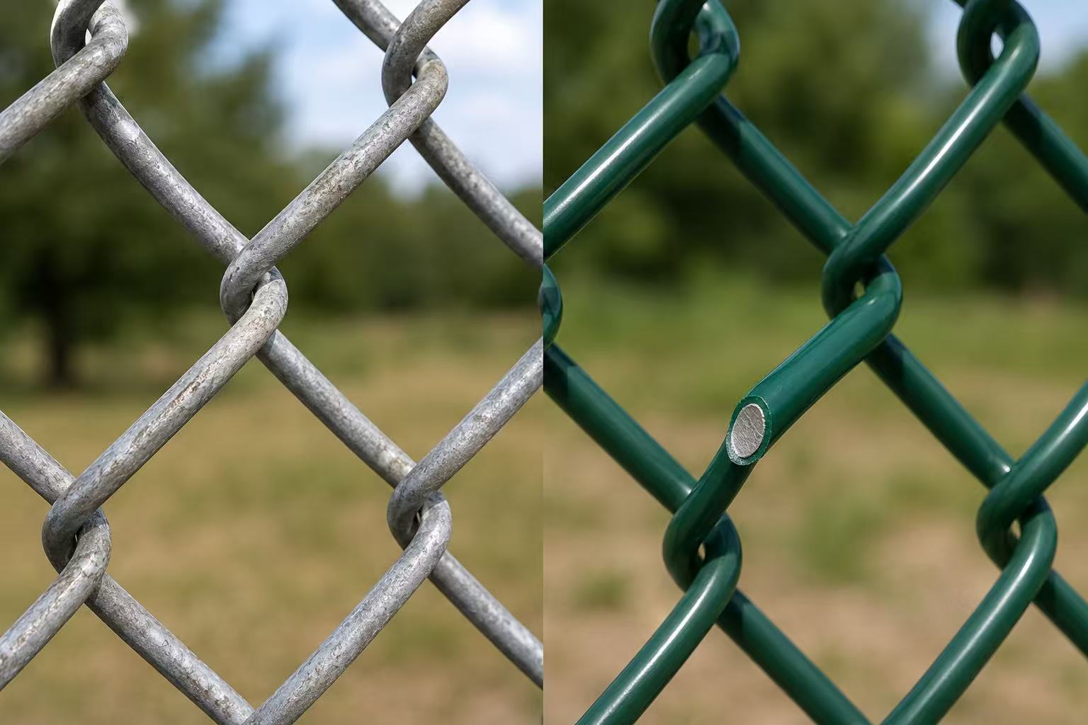 Confronto tra recinzioni a maglie di catena zincate e rivestite in PVC dopo anni di esposizione Side by side comparison of galvanized chain link fence versus PVC coated chain link fence after long-term outdoor exposure showing different aging patterns