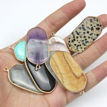 Gemstone Agate Wrapped Cooper Gold Stone Pendant Natural Stone Rectangle Charm Pendant for DIY Jewelry Making
