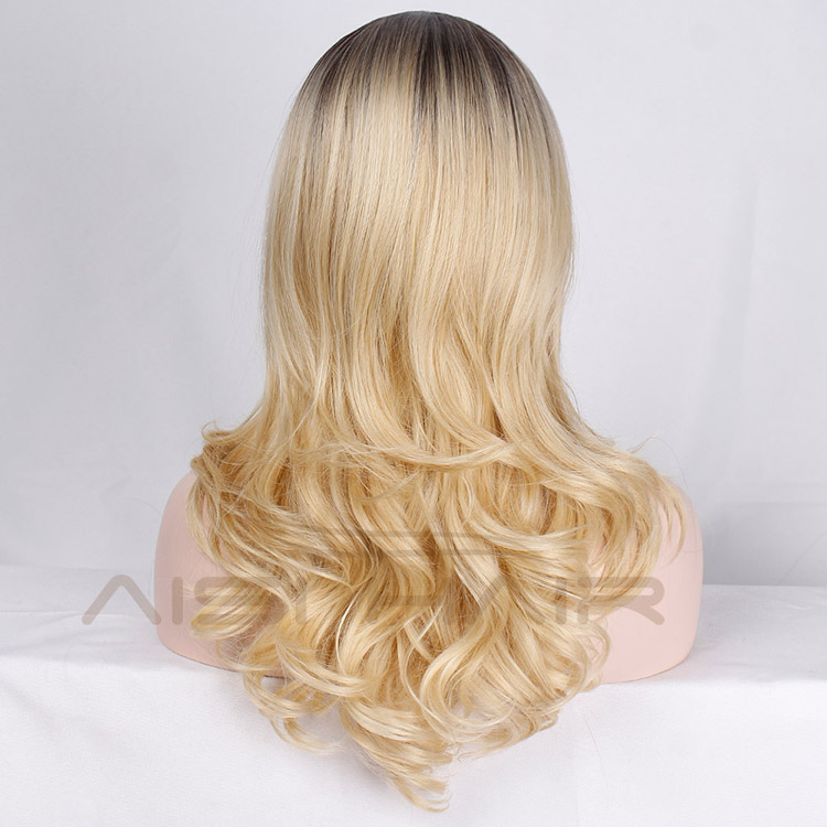 Aisi Hair Long Ombre Blonde Dark Root Middle Part Wave Wigs Heat Resistant Synthetic Fiber Cosplay Wigs for Black White Women