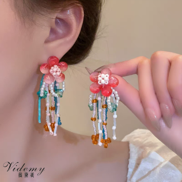 Contrasting Flower Tassel Drop Earrings Trendy Accessories