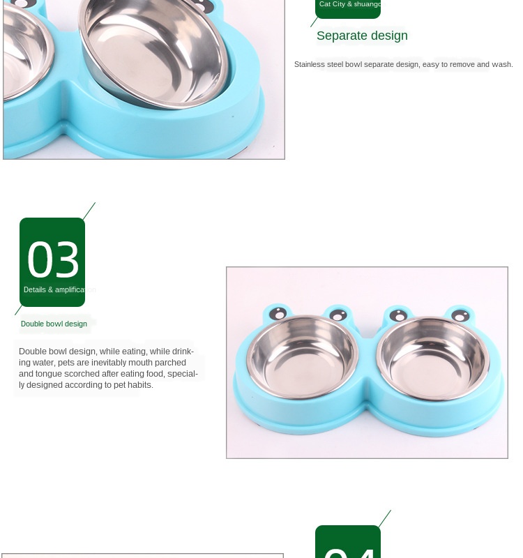 Pet Bowl Feeder Stainless Steel Dog Two-in-one Cartoon Frog Non-slip Pet Double