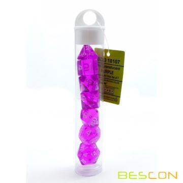 Bescon Mini Translucide Polyédrique RPG Dice Set 10MM, Petit jeu de rôle RPG Dice Set D4-D20 en Tube, Violet Transparent