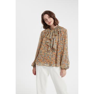 Floral Print Ruffle Stand Collar Shirt Leisure blouse