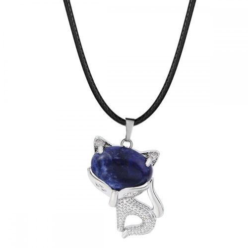 Sodalite Luck Fox Necklace for Women Men Healing Energy Crystal Amulet Animal Pendant Gemstone Jewelry Gifts