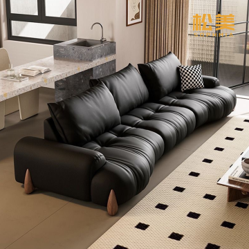 Black Full Grain Leather Channel Tufted Modular Sofa