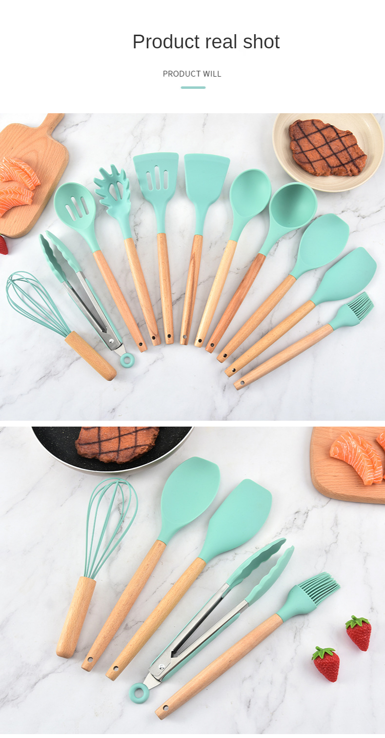 12 Pieces In 1 Set Silicone Kitchen Accessories Cooking Tools Kitchenware Silicone Kitchen Utensils with Wooden Handles