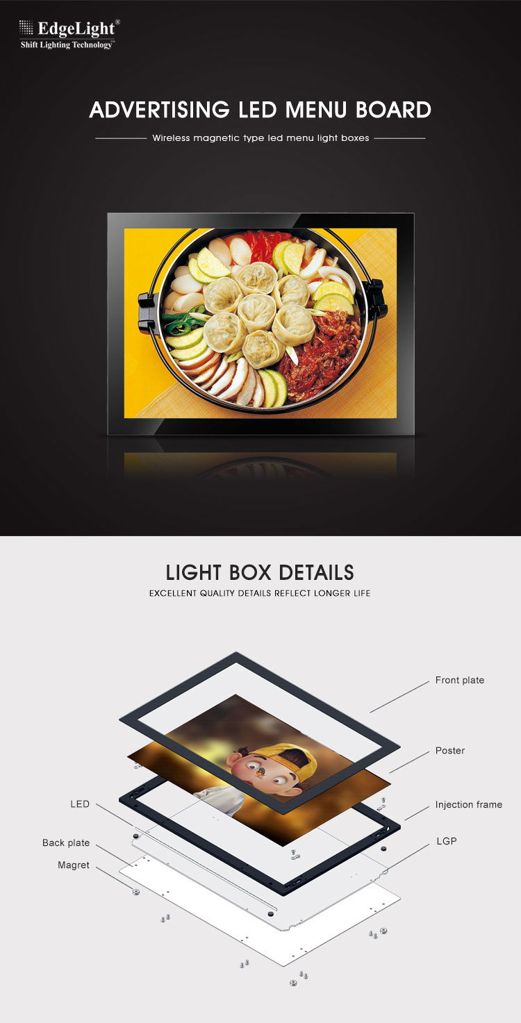 Indoor Advertising Led Crystal Magnetic Menu Advertising Light Box