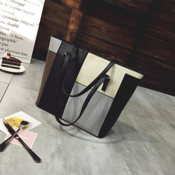 Large-capacity spliced contrast color handbag