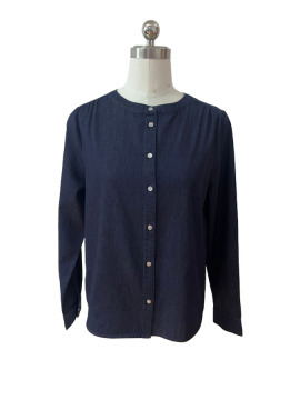 Round Neck Button Front Denim Blouse In Indigo
