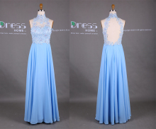 Lace Chiffon A-line Halter Light Blue Evening Dresses