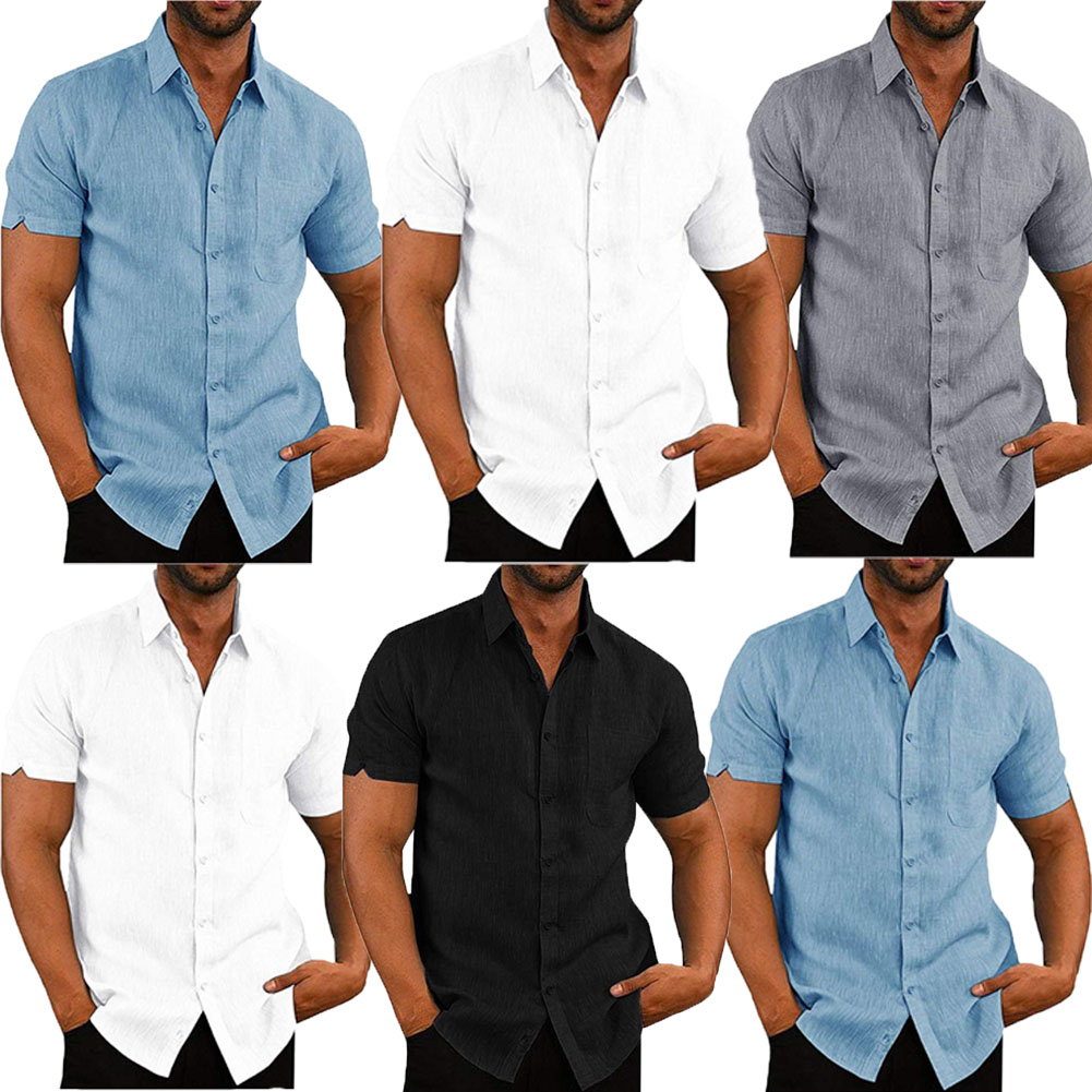 Mens Linen Blouse Short Sleeve Summer Solid Comfortable Pure Cotton And Linen Casual Loose Holiday Shirts