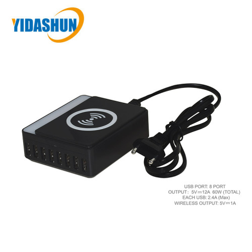 Cargador inalámbrico USB inteligente de 60 W y 8 puertos