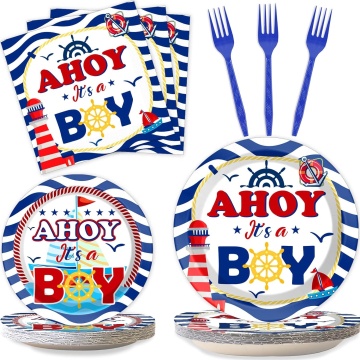 100pcs Nautical Theme Baby Shower Party Supplies: Decorations, Ahoy Nautical Party Disposable Plates & Napkins Tableware Dinnerware Set