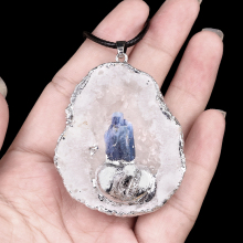 Blue Kyanite Bud Silver Druzy Crystal Cave Pendant Necklace 45CM Black Cord