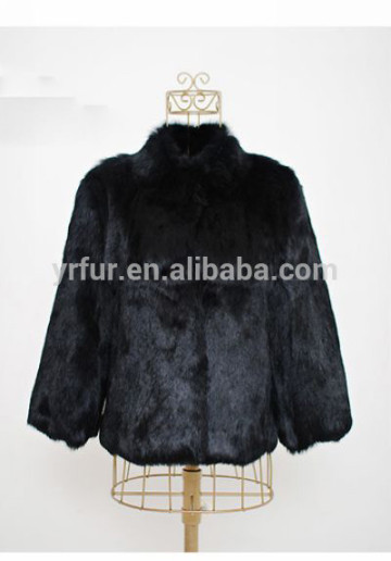 YR069 Ladies stand collar rabbit fur Short Jacket Real Black rabbit fur Jacket