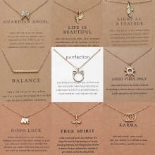 Gold Plated Charm Necklace with Cat, Elephant, Dragonfly, Wing, Butterfly: Fashionable Make-A-Wish Card Karma Balance Women's Jewelry