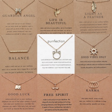Gold Plated Charm Necklace with Cat, Elephant, Dragonfly, Wing, Butterfly: Fashionable Make-A-Wish Card Karma Balance Women's Jewelry