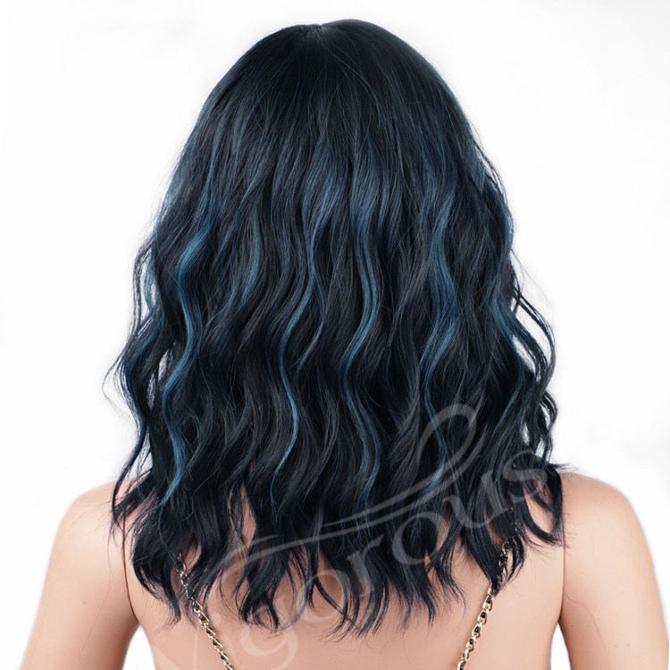 Hot Selling Water Wave With Bang Bob Mixed Blue Black Manufacturers High Quality Cheap Heat Resistant Synthetic Wigs