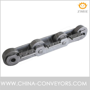 Bulk material conveyor chain with 3 hole bent attachment (roller chain)