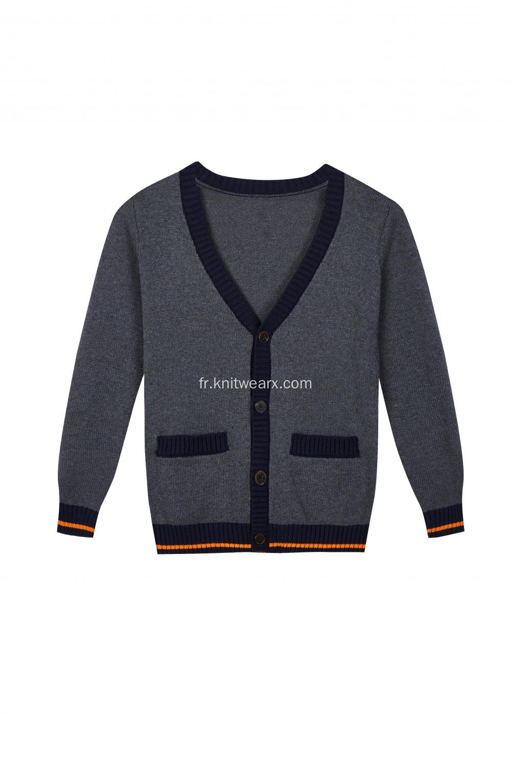 Cardigan d'école boutonné avec poche en tricot pour garçon à bords contrastés