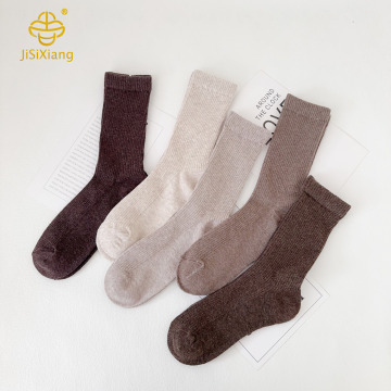 Korean version vertical striped high tube socks, coffee colored solid color pile socks