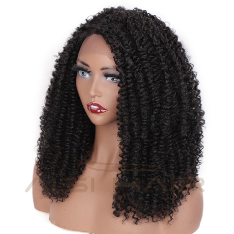 Aisi Hair Cheap Wholesale Shoulder Length Fluffy Black Kinky Curly Side Part Synthetic Hair For Black Women Lace Front Wig