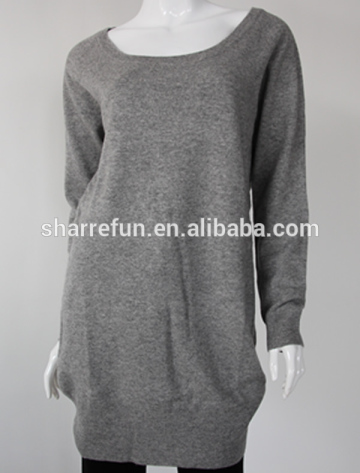 Sharrefun Grey 100% Cashmere Long Crew Neck Tunic Sweater