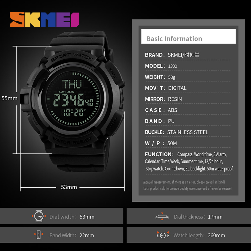 SKMEI 1300 Men Digital Wristwatch Fashion Outdoor Waterproof Sport Watch With Compass