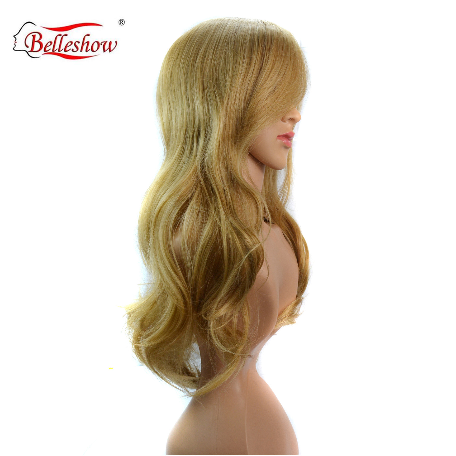 Hot sell long sloping hair curtain gold wavy wig  synthetic fiber hair wig for young women