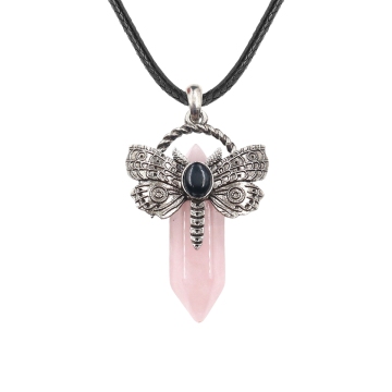 Rose Quartz Hexagonal Pillar Silver Dragonfly Pendant Necklace 45cm Black Cord