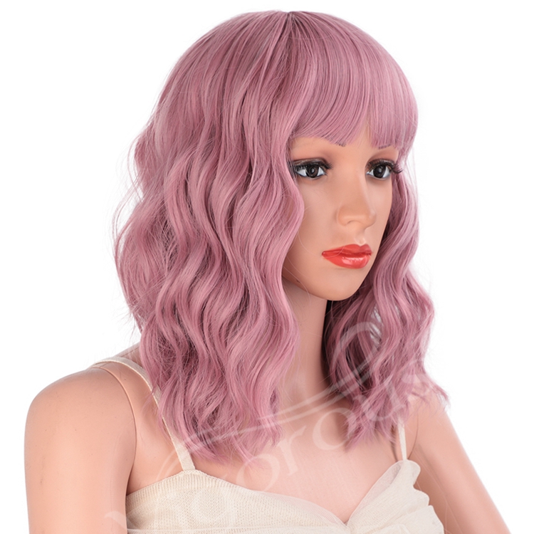 Best Hair Short Vendors High Quality Temperature With Bang Loose Wave Deep Pink Wholesale Wigs Synthetic