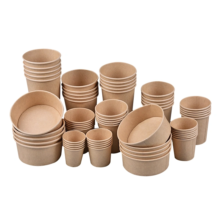 Eco Disposable Brown Kraft Paper Salad Cup Fruit Bowl with Lid Food Packaging Rice Bowl